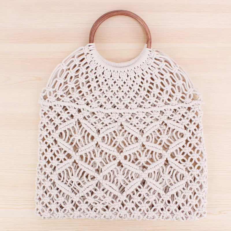 Rattan Handle Totes Cotton Rope Net Woven Bag Handmade Straw Handbags Fashion Summer Beach Shoulder Bags Woman Luxury