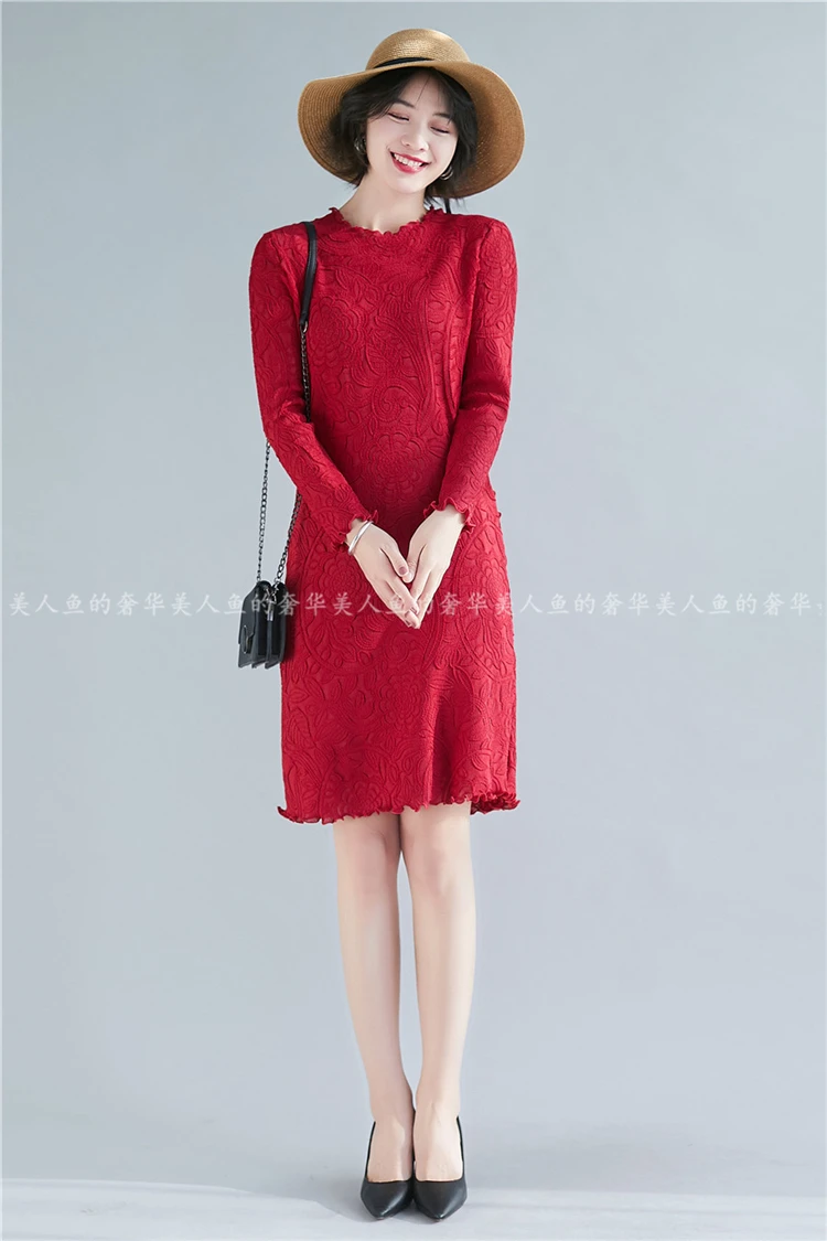

HOT SELLING Miyake fashion Ruffle one-piece dress o-neck solid long sleeve Straight dress IN STOCK