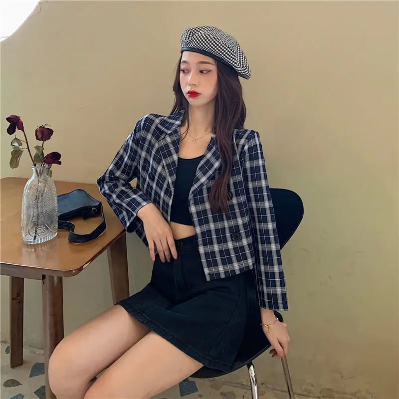 Giacche ritagliate donna Chic Plaid estate Trendy coreano Vintage doppio petto capispalla donna abbigliamento Casual Casual All-match