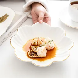 8 Inches Flower Shape Gold Edge Ceramic Plate Nordic Floral White Porcelain Dinner Plate Soup Salad Bowl Dessert Dish Tableware