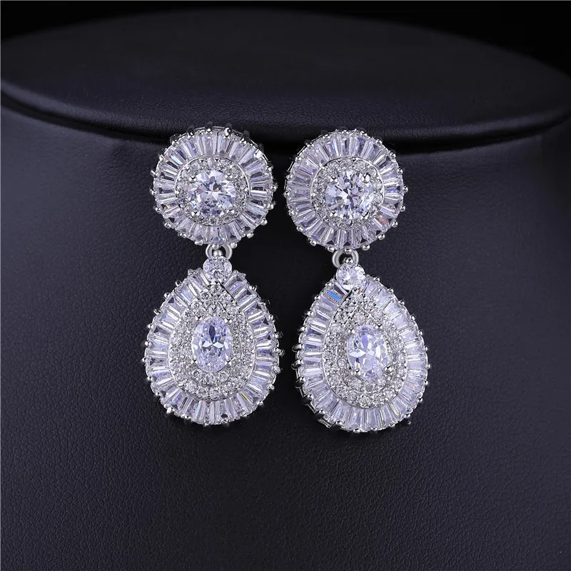 HUAMI Luxury 2pcs Bridal Jewelry Sets Wedding Banquet Silver Color Women Costume Accessories Drop Earrings and Necklace Sets