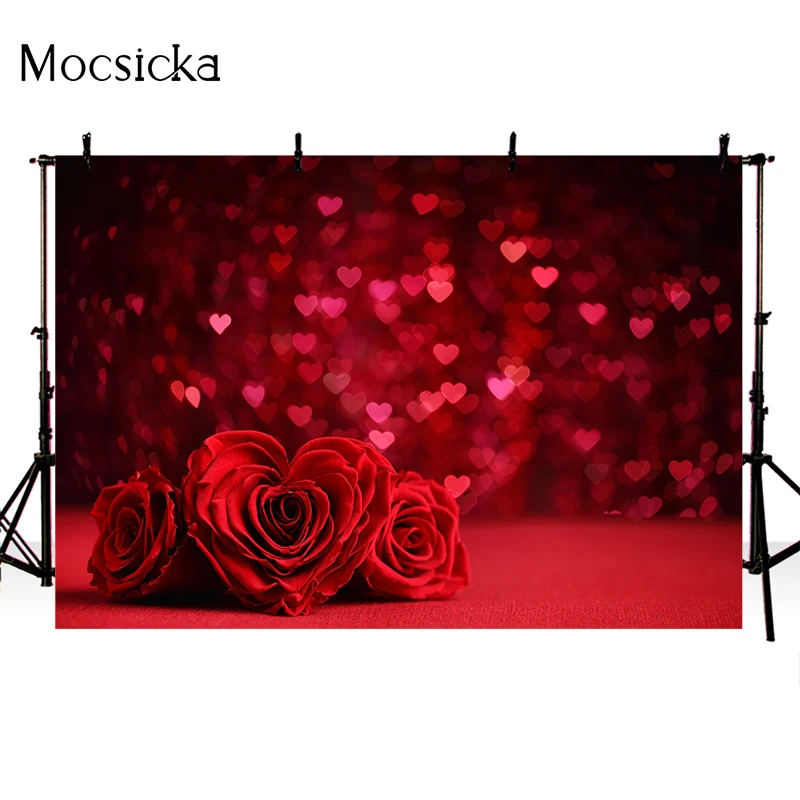 Mocsicka Valentine's Day Photography Background Heart-Shaped Roses Decoration Props Confession Wedding Photo Backdrop Banner