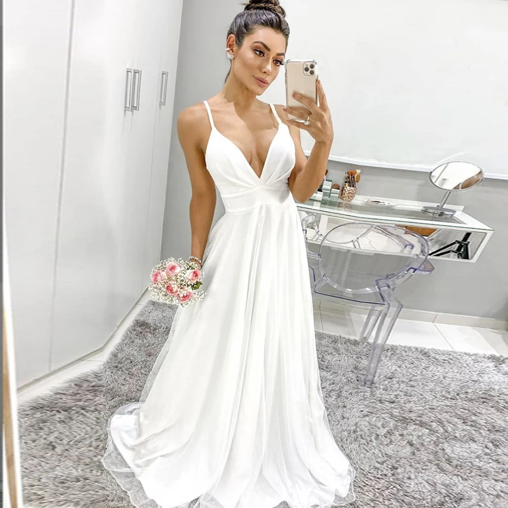 Customized Sexy White Spaghetti Straps Wedding Dress 2022 Bohemia V-Neck Sweep Train A-line Bridal Gowns With Pleats Vesitdos De