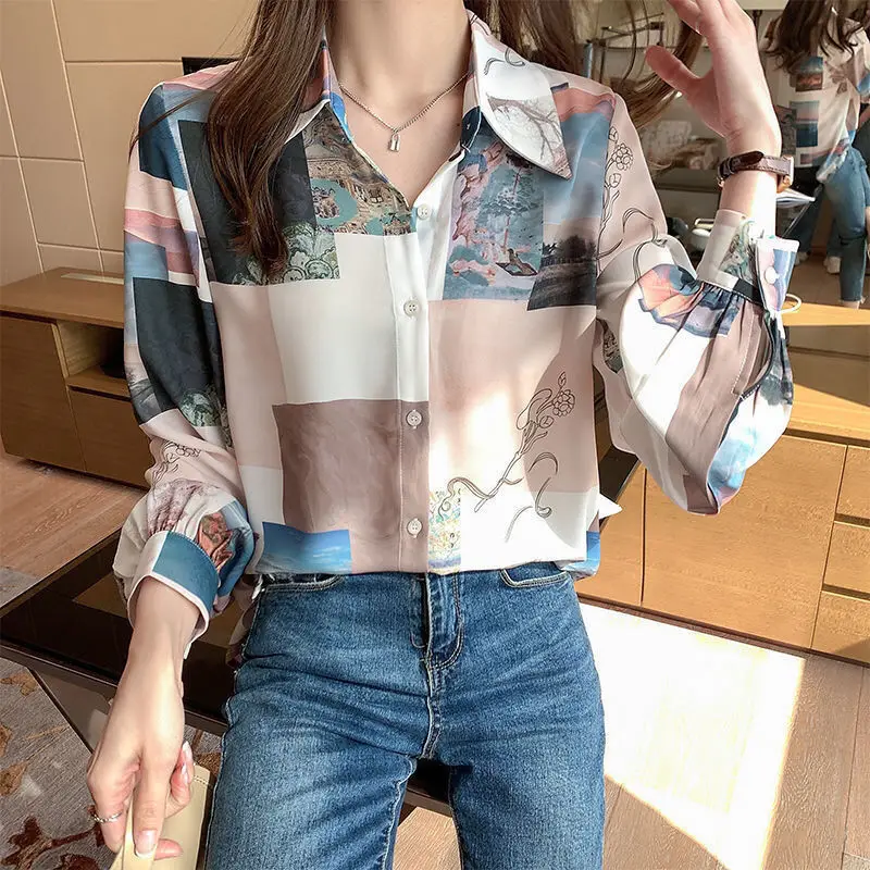 Blusa estampada de manga larga para mujer, Camisa de gasa Retro holgada coreana, estilo occidental, combina con todo, primavera 2021