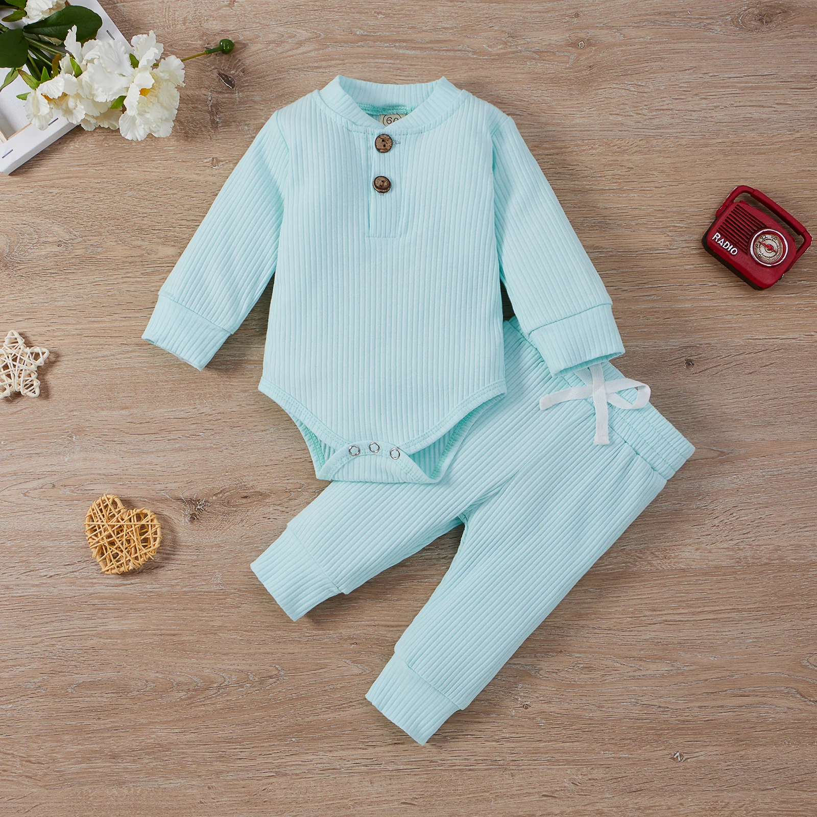 Newborn Baby Clothes Set Boys Girls Long Sleeve Ribbed Jumpsuit+Elastic Waist Trousers+Bow-knot 3PCS Toddler Infant Suit