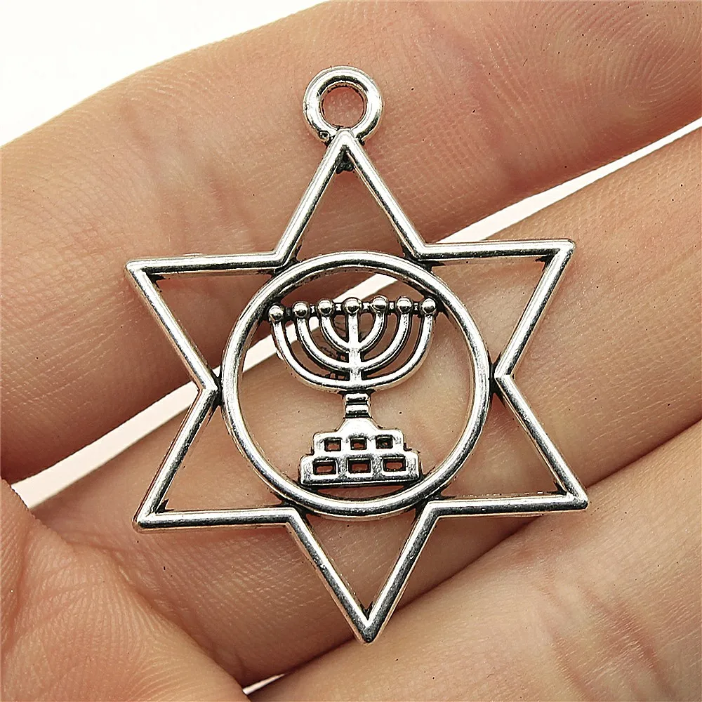 

Wholesale 60pcs/bag 39x32mm Judaism Menorah Star Of David Charms Antique Silver Color Charms Jewelry Accessories