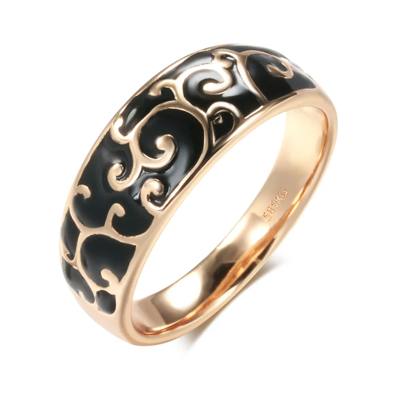 Kinel Luxury 585 Rose Gold Black Enamel Ring Unusual Ethnic Pattern Bride Wedding Rings Creative Fashion Jewelry 2022