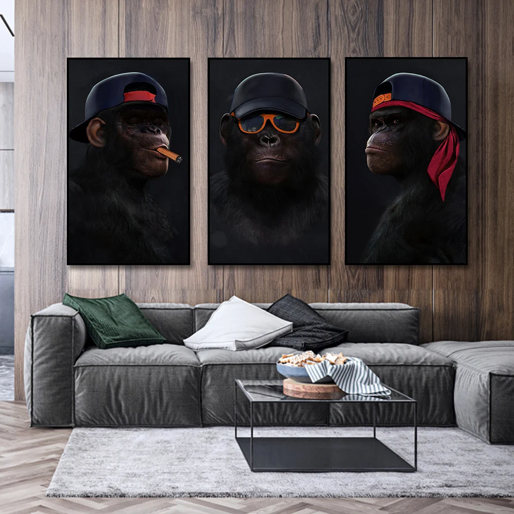 Funny Animal Painting Gorilla Canvas Oil Paintings Wall Art Posters 3 Wise Monkeys Canvas Prints for Living Room Wall Decoration