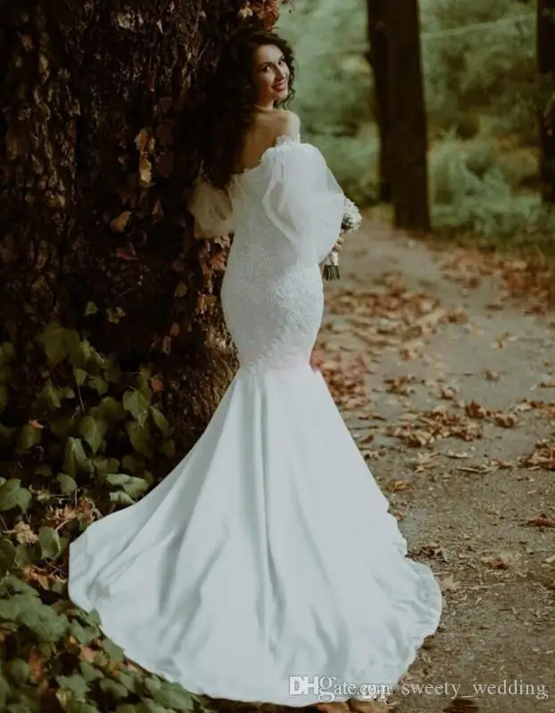 Robe de mariée sirène romantique à manches longues, jupe de mariage, en dentelle, épaules dénudées, tache, grande taille, sur mesure, 2020