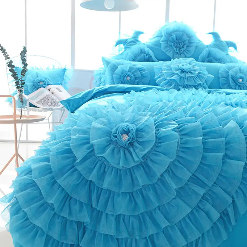 Luxury Princess Bedding Sets Korean Style Blue Lace Flowers Duvet Cover Bed Skirt Bedspreads Cotton Solid Color Home Textile