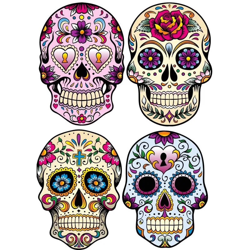 4 X Personality Car Sticker Mexican Sugar Skull Classic Combination Accessorie PVC Reflective Decal for Honda Lada,7cm*10cm