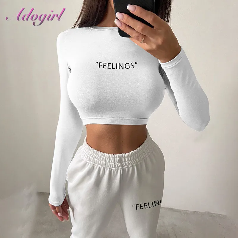 Fitness Solid Two Pieces Sets Letter Print Pullover Long Sleeve Crop Tops Sweatshirt Leggings Pants Suit Active Sport Tracksuit