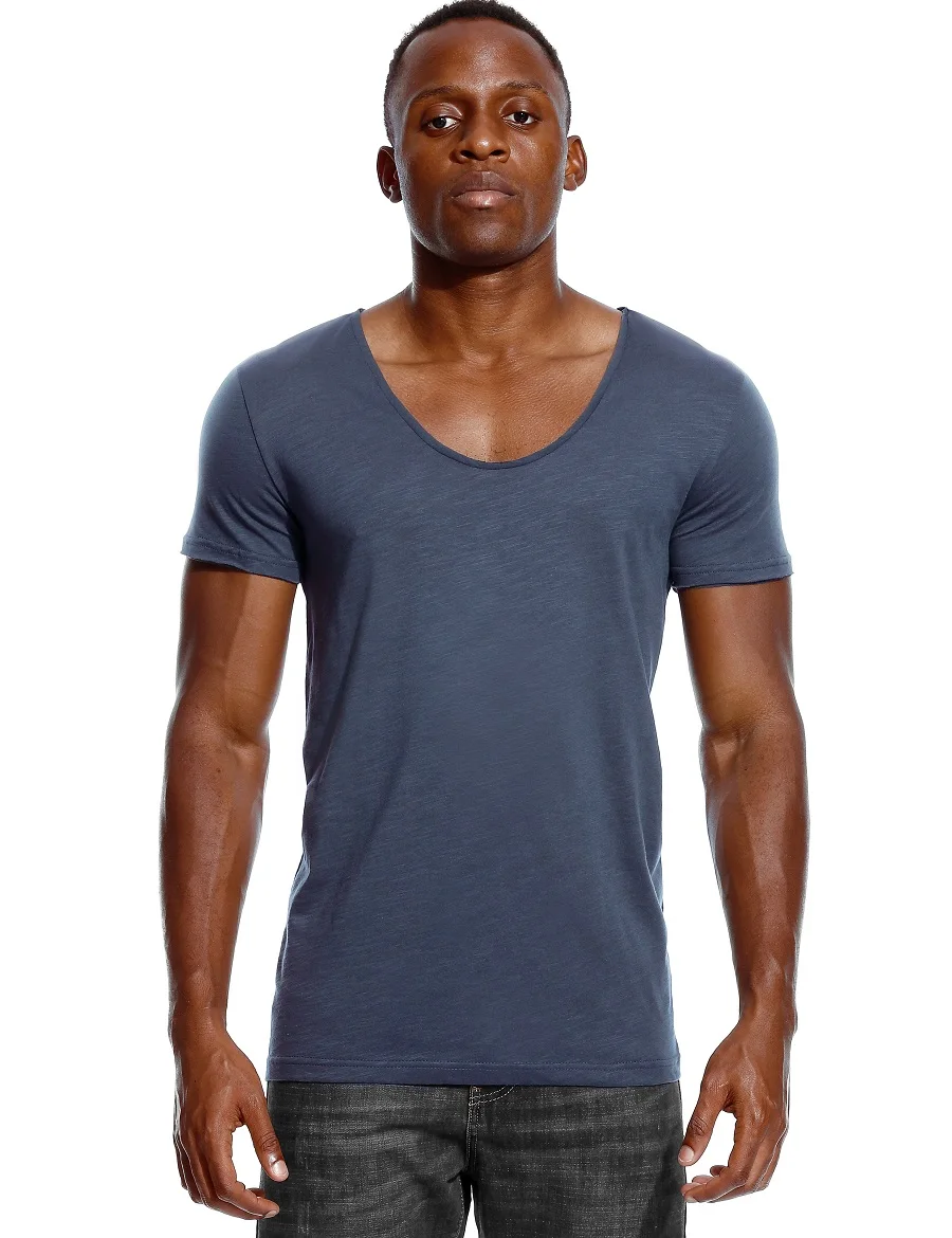 

Scoop Deep V Neck T Shirt for Men Low Cut Vneck Wide Vee Top Tees Fashion Male Tshirt Invisible Undershirt Slim Fit Short Sleeve