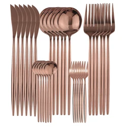 6-30Pcs Rose Gold Tableware Set Mirror Silverware Stainless Steel Dinnerware Kitchen Knife Spoon Flatware Western Cutlery Set