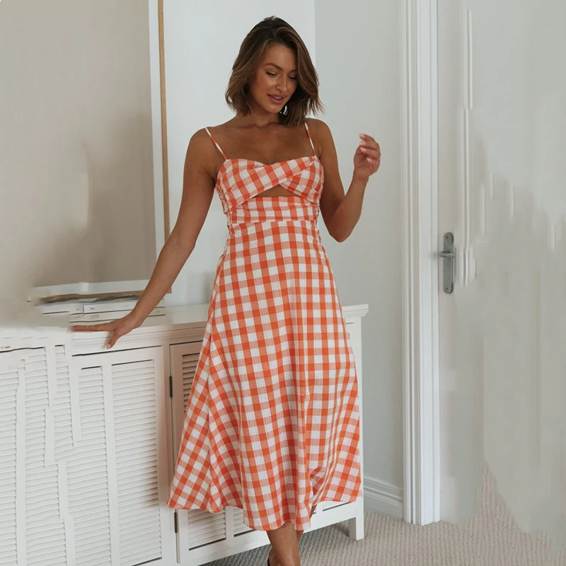 

Ardm Sexy Square Neck Sleeveless Hollow Out Plaid Summer Orange A-Line Midi Dress Blackless Lace Up Spaghetti Party Dresses