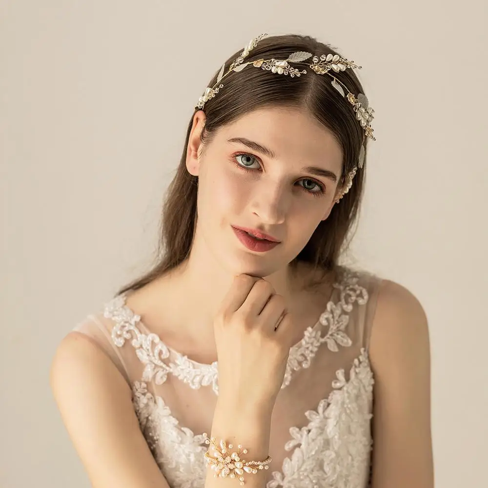 O545 Chiffon leaves gold women hairband crystal bead custom rhinestone hair band headbands wedding headpiece