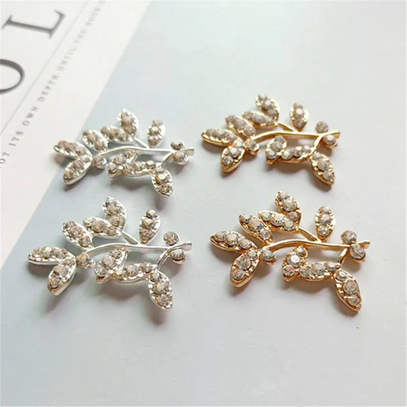 10 Pcs/Lot Tree branch Leaves Flower Gold Or Silver Rhinestone Buttons Flatback Embellishment Button For DIY Hair Accessories