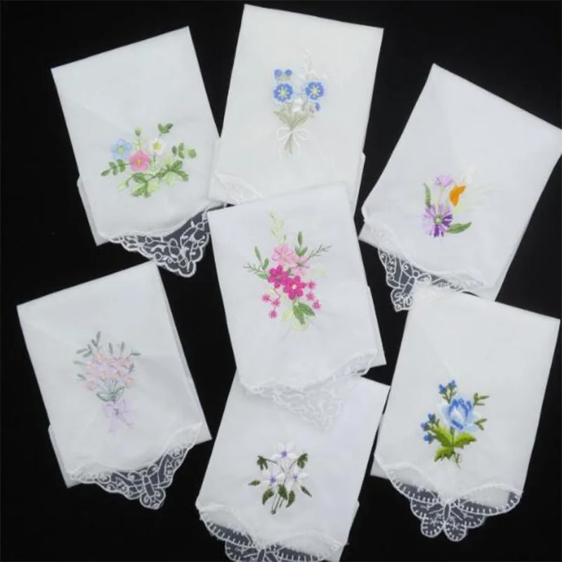 3PCS Luxury Cotton Women Hankies Embroidered Lace Flower Hanky Floral Random Color Cloth Ladies Handkerchief Fabrics