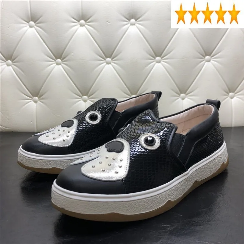 

100% Genuine Leather Loafers Autumn Animal Pattern Platform Casual Shoes Women Brand Rivet Round Toe Black Sneakers Female