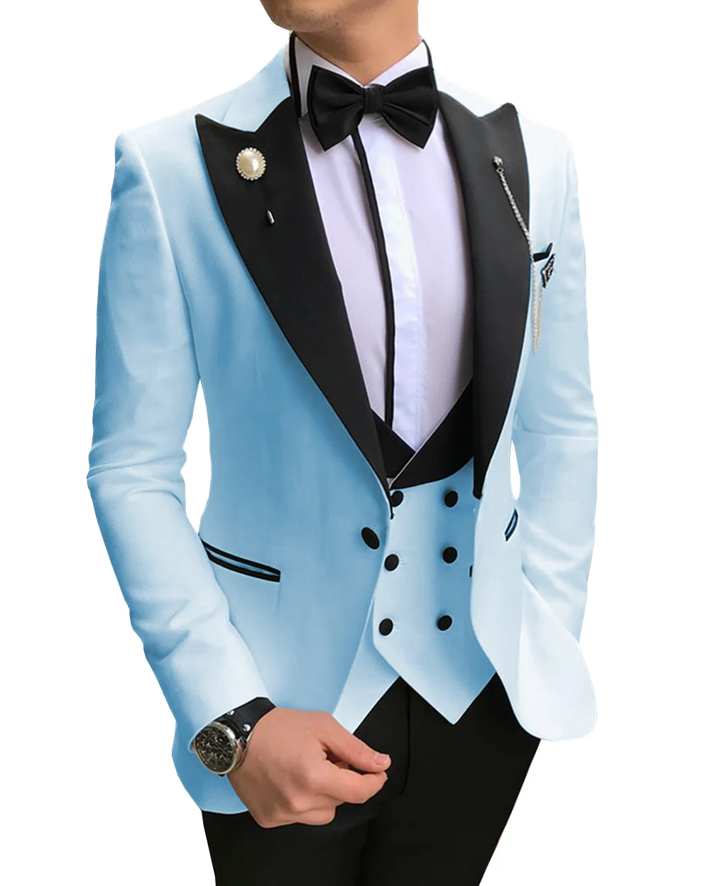 Blue Men\'s Suits 3 Piece Blazer Dress Casual Peaked Black Collar Tuxedos Groomsmen Men Suits for Wedding(Blazer+Vest+Pants)