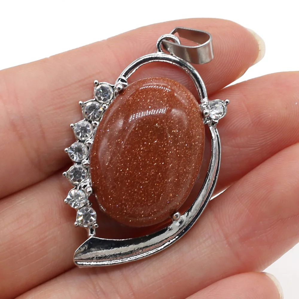 Fashion Natural Crystal Stone Pendant Oval Shape Charms Metal Alloy Pendant for Making Jewelry Necklace Accessories 25x40mm