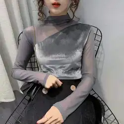 Blouse Women's High Collar Autumn and Winter Elegant Close-Fitting Velvet Stitching Mesh Long-Sleeved Top Blusas Ropa De Mujer