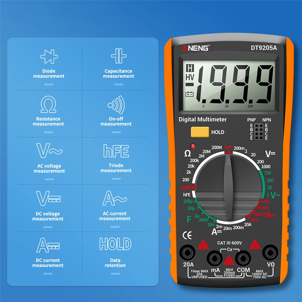 DT9205A LCD Digital Multimeter Portable AC DC Volt Voltmeter Ammeter Ohm Voltage Capacitance Resistance Tester Meter