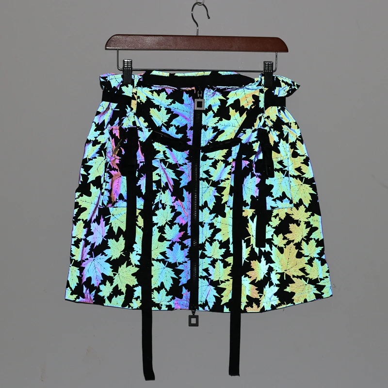

Colorful Reflective Skirts Women Fancy Cool Hip Hop Punk Skirt Zipper Ribbon Belt Fashion Individuality Female Short Skirts