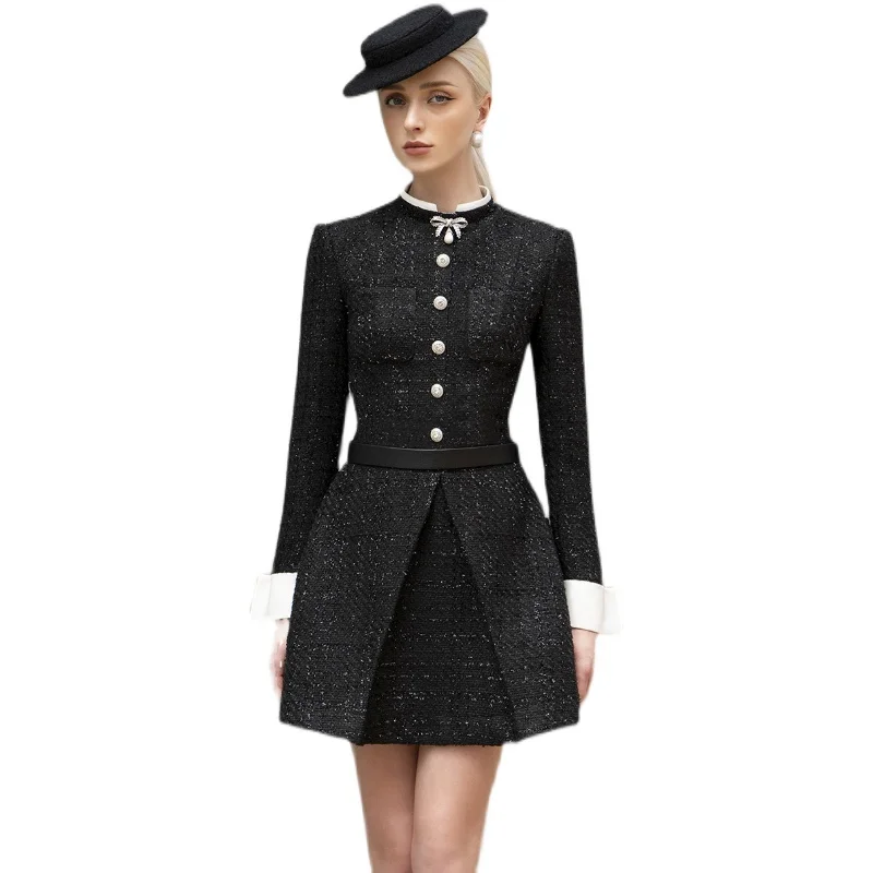 tailor shop little black fall winter dress female light luxury Semi-Formal Dresses princess black tweed dress plus size