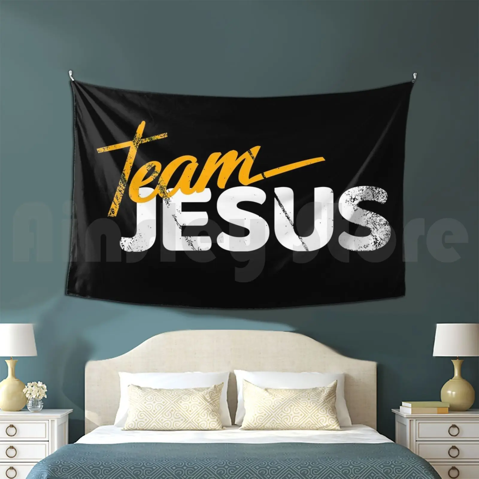 Team Jesus Catholic Distressed Christian Tee | Dark Yellow And White Tapestry Living Room Bedroom Jesus Christ