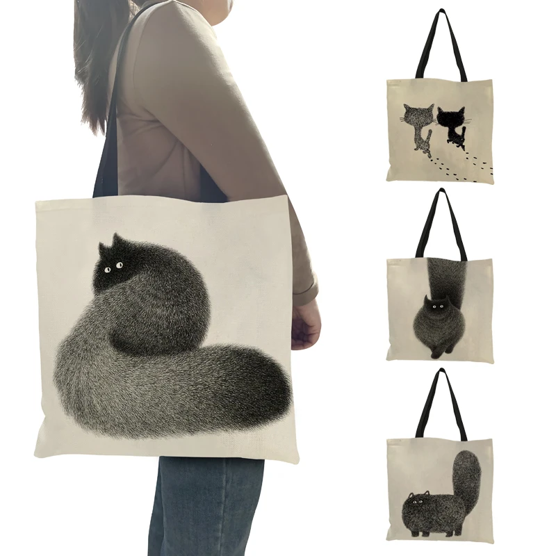 Fashion Shopping Bags for Groceries Supermarket Eco Tote Bag Black White Cat Art Painting Handbag Shoulder Bag for Women Ladies