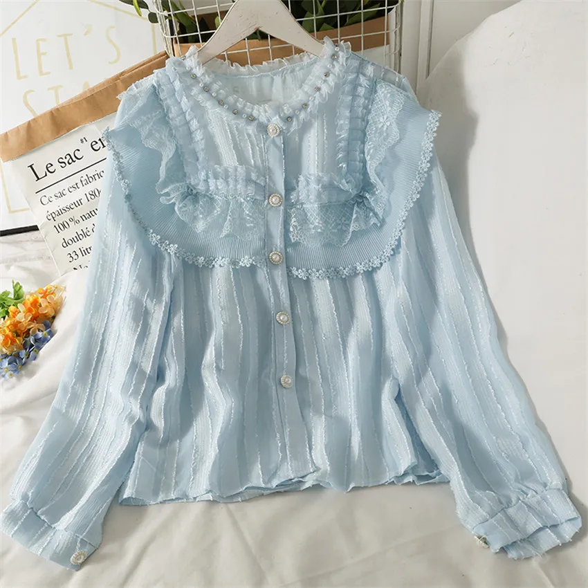 

2021 New Spring Slim Women Lace Blouse All-match Sweety Girl Fungus Shirt Autumn Lady Diamonds Blousas Bottomings Outwear WZ1544