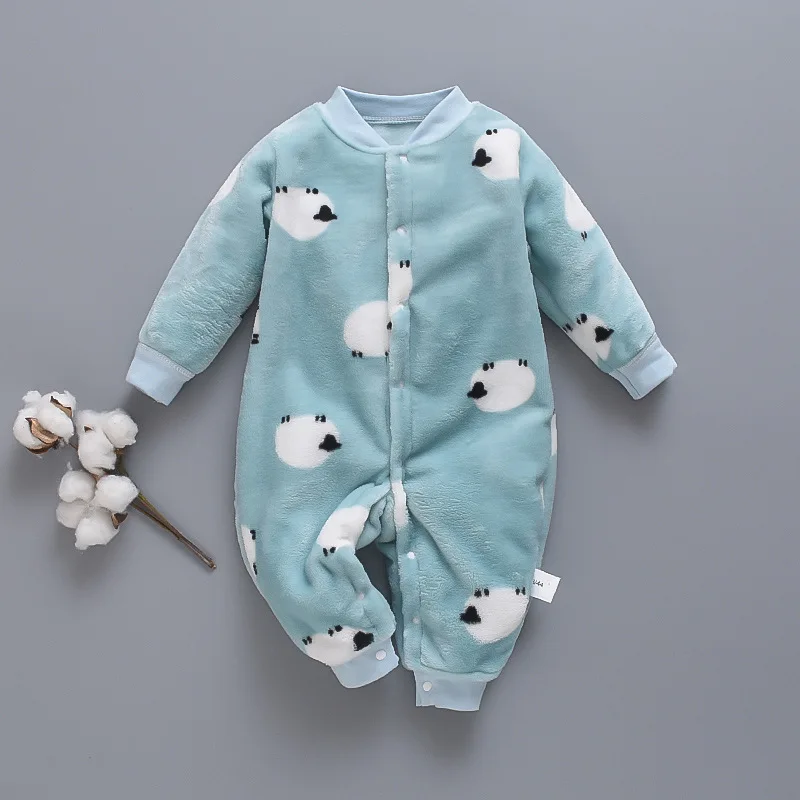 

Newborn Baby Clothes Dinosaur Print Baby Boy Romper Warm Infant Baby Boy Girl Soft Fleece Jumpsuit Pajamas For Autumn & Winter