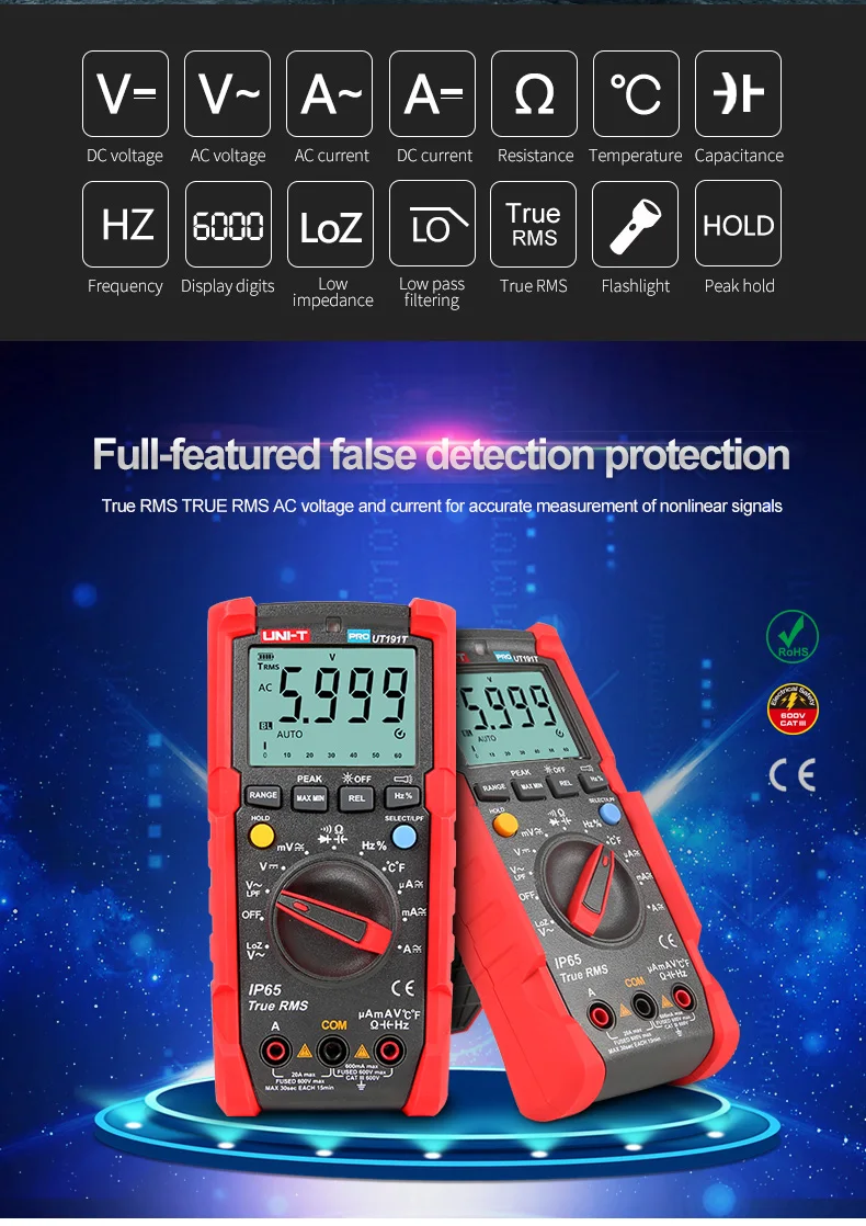 Imagem -02 - Uni-t Ut191e Ut191t Unidade Multímetro Digital Profissional Verdadeiro Rms Acv ac dc Tensão Medidor de Corrente Capacitor Resistor Tester