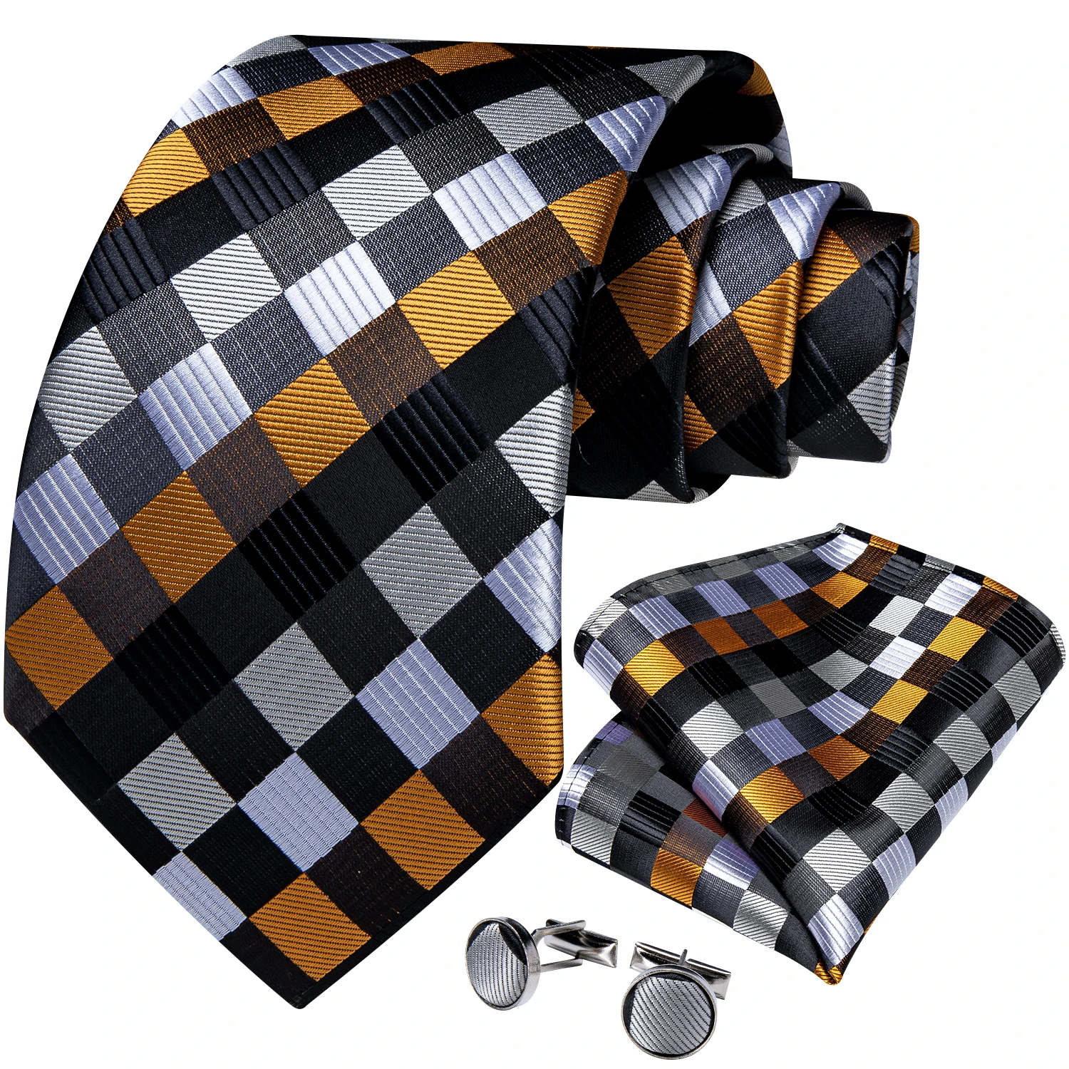 Neues modisches kariertes Herren-Krawatten-Set, hochwertige 8 cm breite Krawatte, Einstecktuch, Manschettenknöpfe, Business-Hochzeitskrawatte, Geschenk für Männer – Detail 6