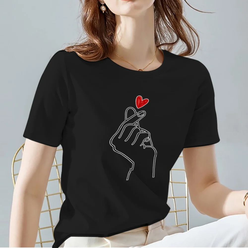 Women Tops Tee Black All-match Casual Ladies T-Shirts O Neck Love Heart Pattern Print Commuter Short Sleeve Women's Clothing