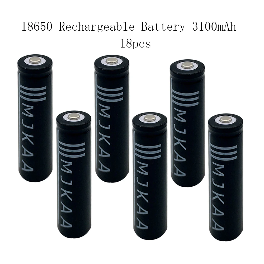 18Pcs 18650 Rechargeable  Battery(Not AA/AAA)  3100mAh 3.7V Lithium Batteries With Tip Head For  LED  Flashlight Black