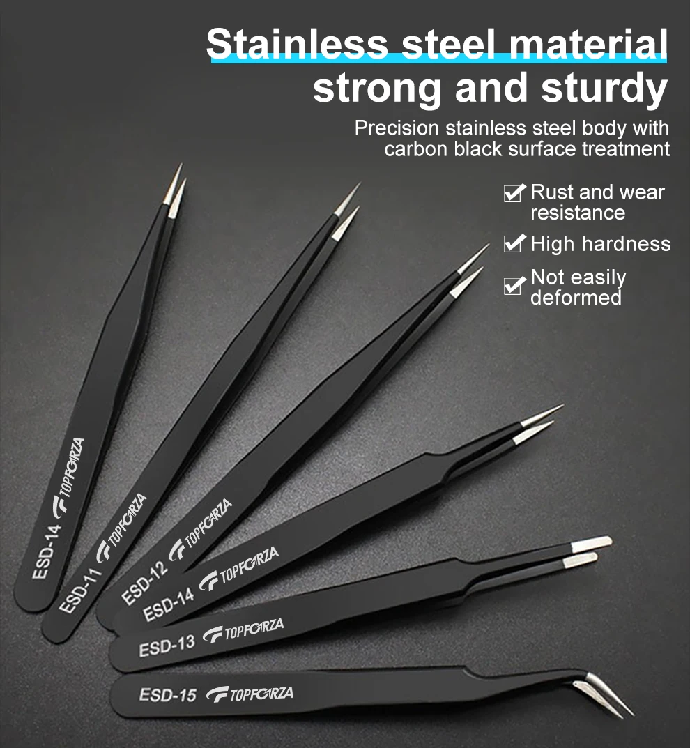 Electronic Tweezers Set Anti-Static Stainless Steel Welding Point Precision Tweezer Kit for Soldering Electronic Repair DIY Tool