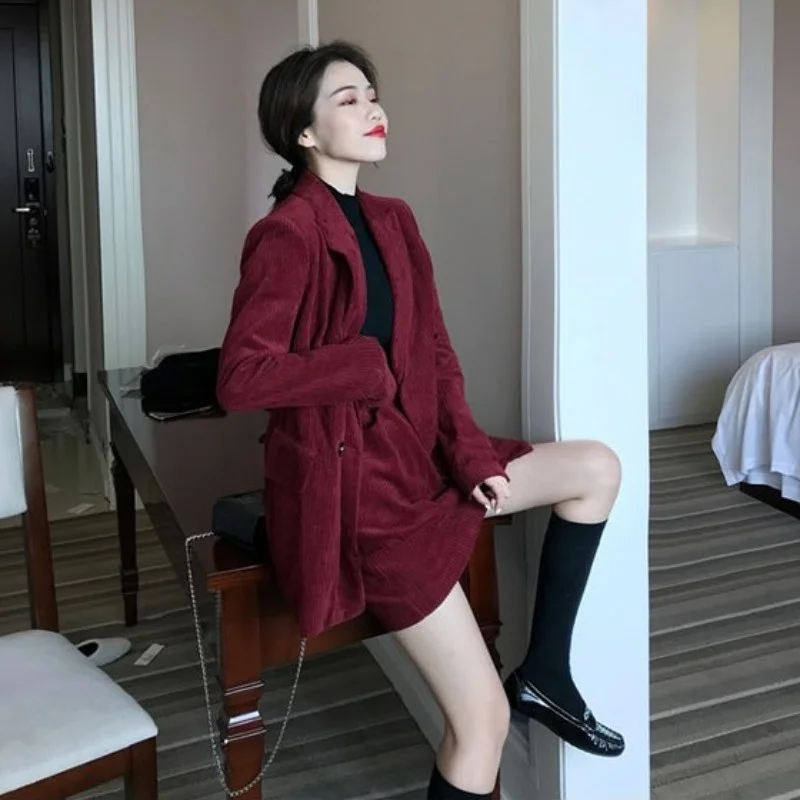 Womens Spring Wine Red Corduroy Blazer Set Fashion Office Lady Skirt Two Piece Set Double Breasted Suit Jacket Loose Pants Set