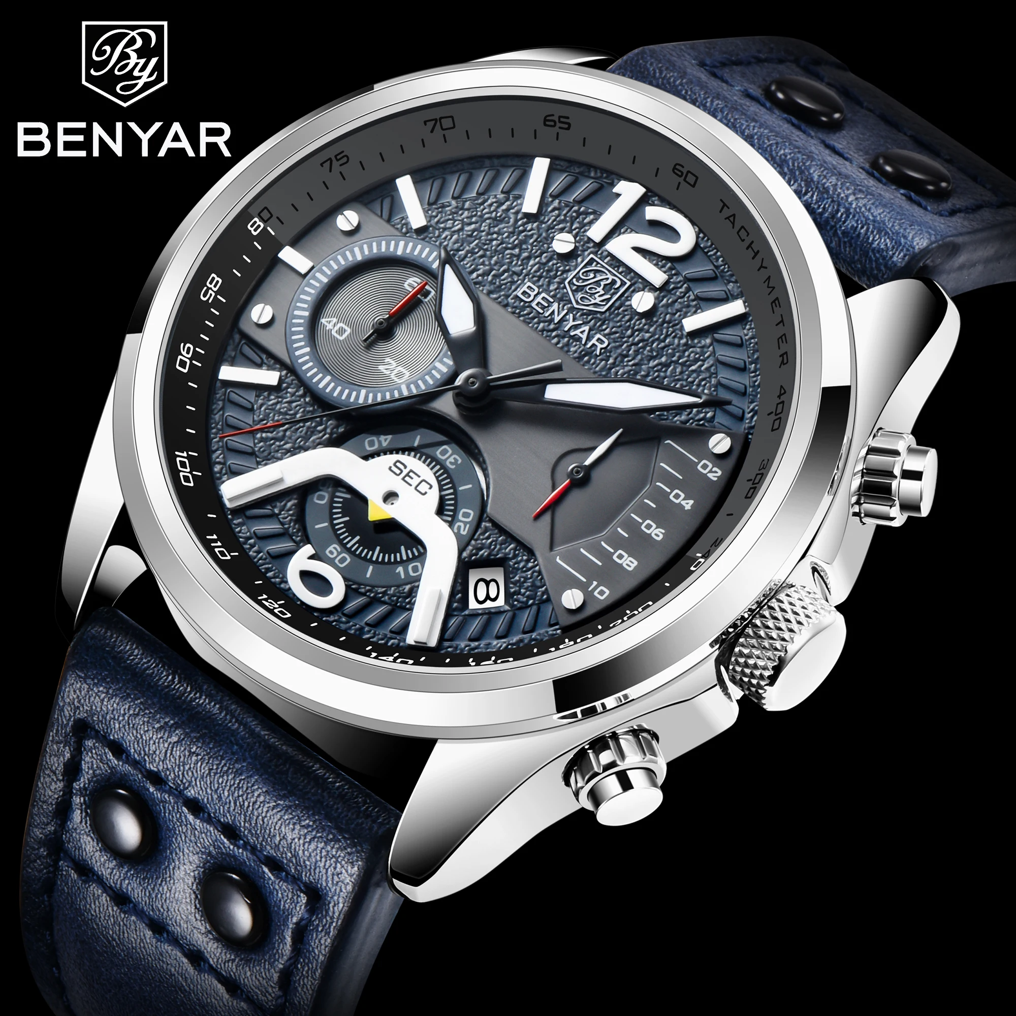 2023  New BENYAR Top Brand 42mm Men Quartz Watches Men\'s Pilot Waterproof Leather Watch Men Sport Chronograph Reloj Hombre