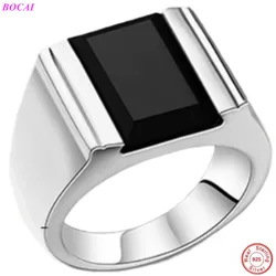 BOCAI S925 Sterling Silver Rings for Men Black Agate Fashion Personality Domineering Single Argentum Jewelry Wholesale