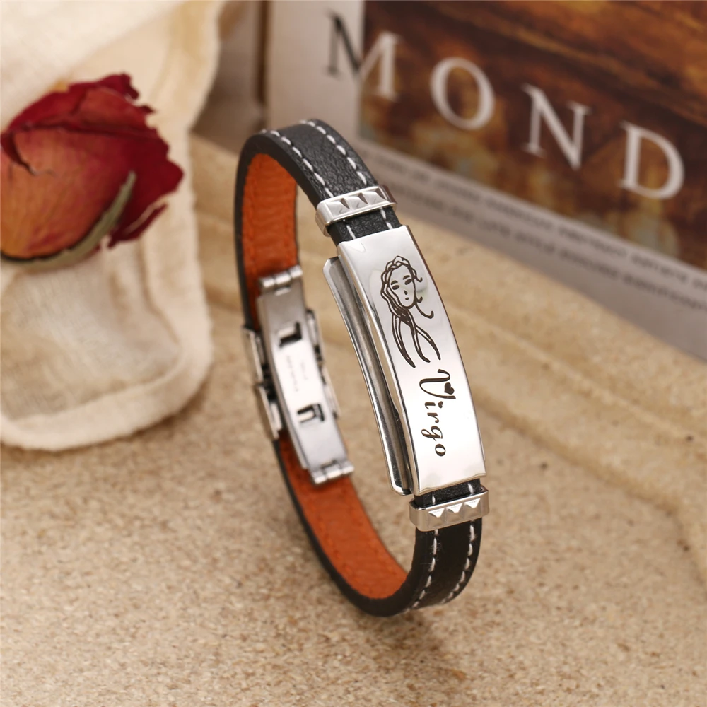 2024 Trend Jewelry Stainless Steel 12 Constellations Leather Bracelet Vintage Bracelets Bangles 12 Zodiac Cuff Bracelet Men