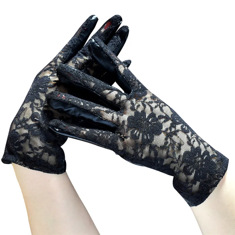 Short Paragraph Patent Leather Sexy Lace Women Black Gloves Metal Punk Style Bar Pole Dance Prom Decoration Etiquette Gloves