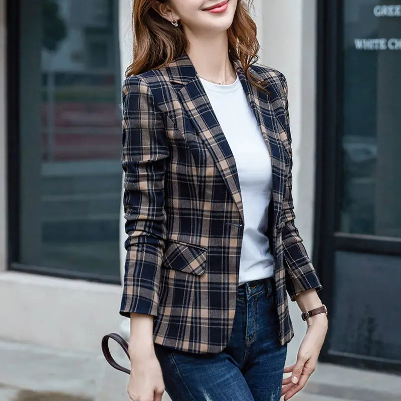 

PEONFLY Vintage Casual Plaid Blazer Women Fashion Single Button Office Ladies Jacket Coat Notched Collar Long Sleeve Jacket 2023