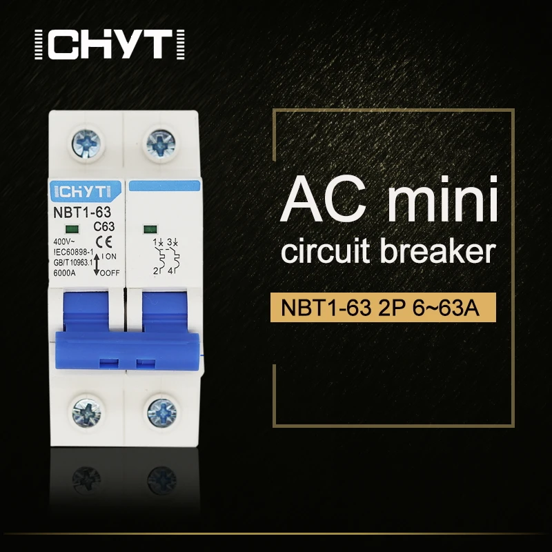 NBT1-63 2 pole 6A 10A 16A 20A 32A 40A 50A 63A 400V C type mini circuit breaker mcb Mounting 35mm din rail Breaking Capacity 6KA