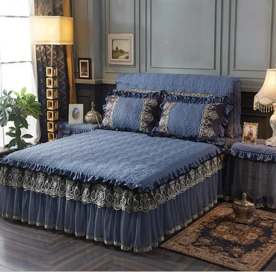 

Royal Blue Thick Quilted Lace Embroidery Bedding Bed Skirt Pillowcases with Cotton Winter Warm Bedspread Bed Cover Home Textile