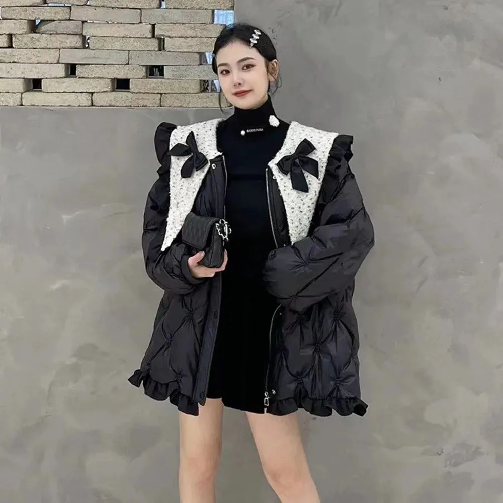 Sweet Bow-knot Chic Navy Collar Ruffled Cotton Jackets Winter Argyle Cotton Warm Coats 2021 Korean Thicken Casual Lady Outwear