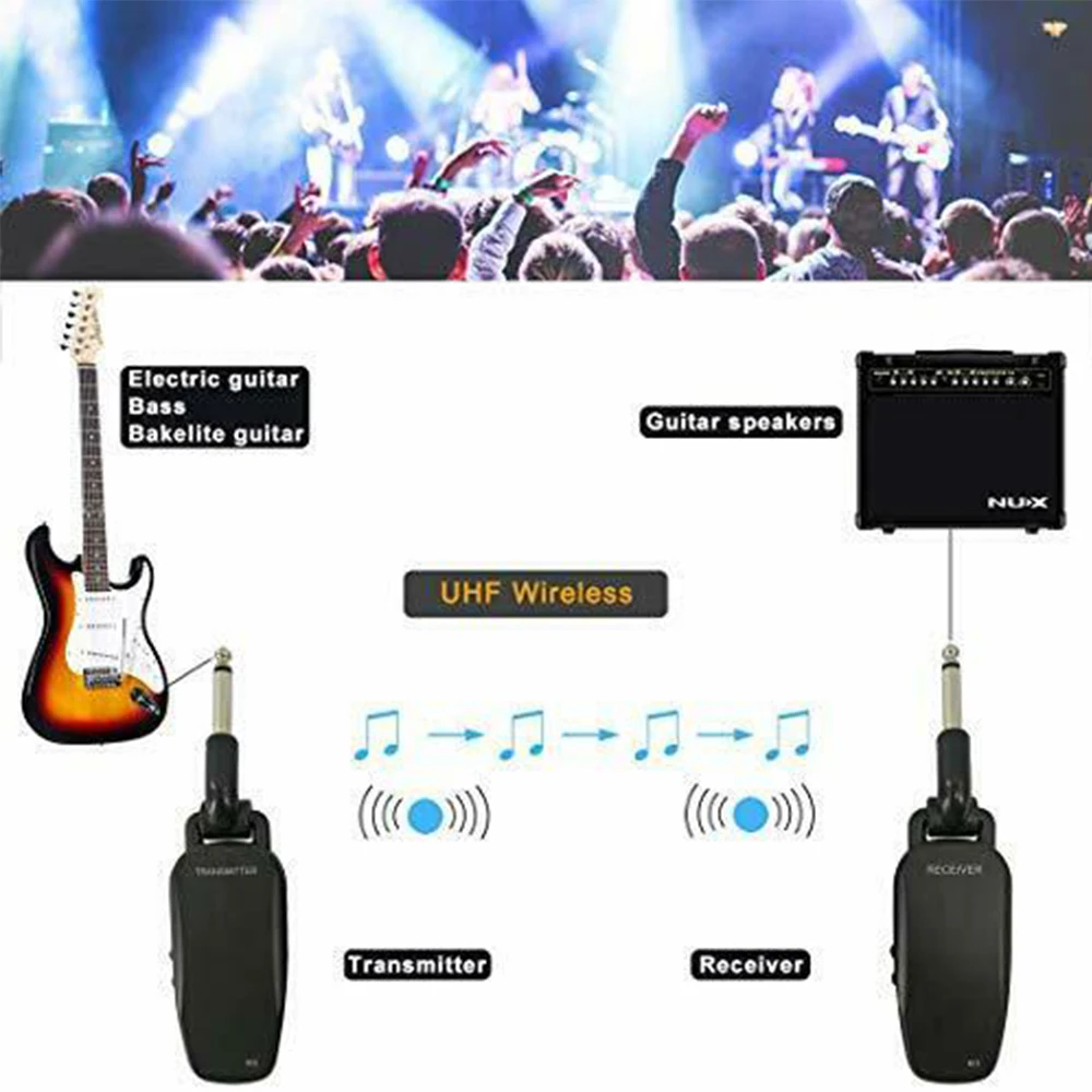 2.4G غيتار لاسلكي/باس جهاز ريسيفر استقبال وإرسال نظام قابلة للشحن 6 قنوات جهاز إرسال سمعي للجيتار الكهربائي باس