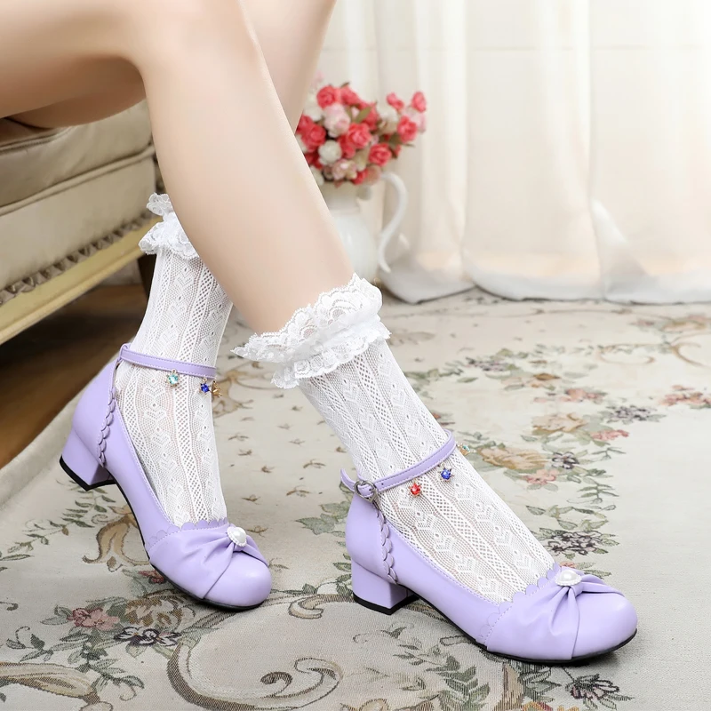 Kawaii girl sweet lolita shoes pearl lace bowknot princess kawaii shoes round head thick heel 3-5cm women shoes loli cosplay cos