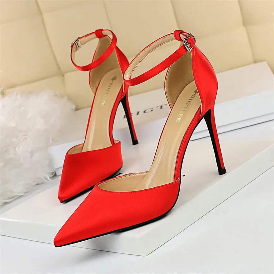 Big Size 34-43 Women Sandals 2024 Summer Solid Silk Buckle Concise High Heels Pumps Female Pointy Toe Hollow Wedding Shoes Dress